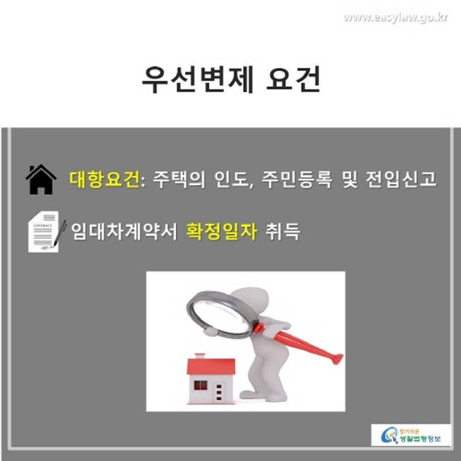 우선변제를 받으려면 주택의 인도, 주민등록 및 전입신고, 임대차계약서 확정일자 취득을 해야 합니다.